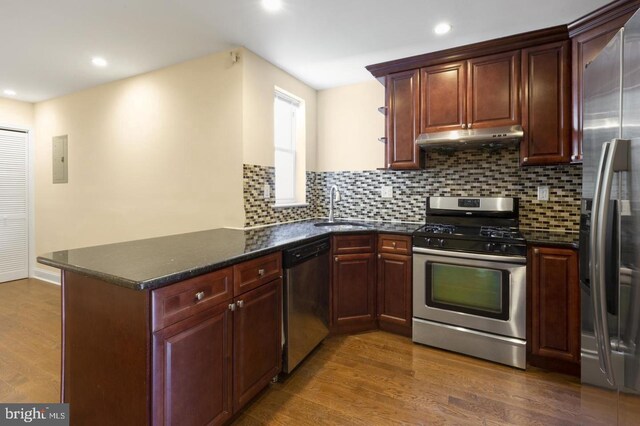 kitchen with sink, stainless steel appliances, dark hardwood / wood-style floors, tasteful backsplash, and kitchen peninsula