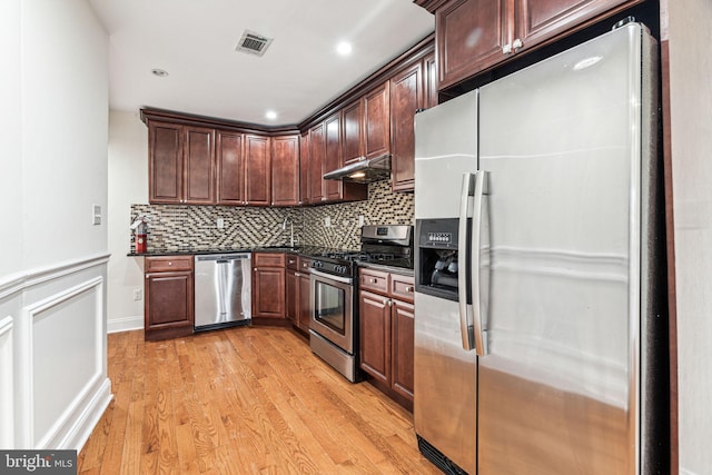 kitchen featuring stainless steel appliances, tasteful backsplash, and light hardwood / wood-style floors