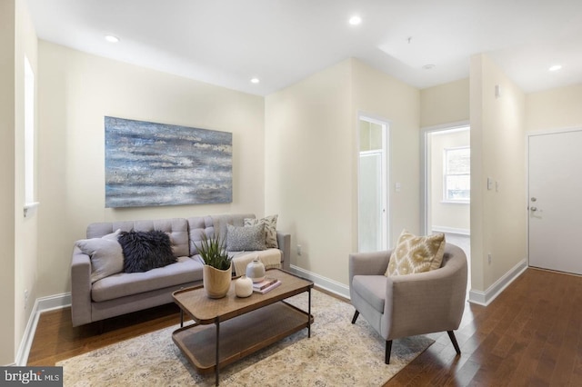 living room with dark hardwood / wood-style flooring