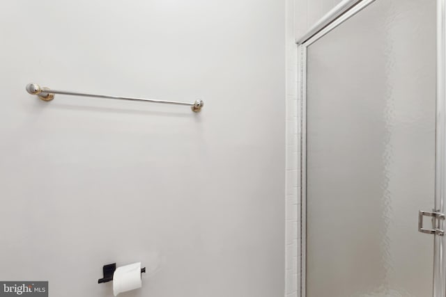 bathroom with a shower with door