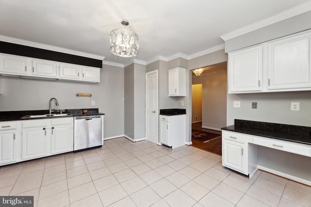 kitchen featuring dishwasher, sink, crown molding, and decorative light fixtures