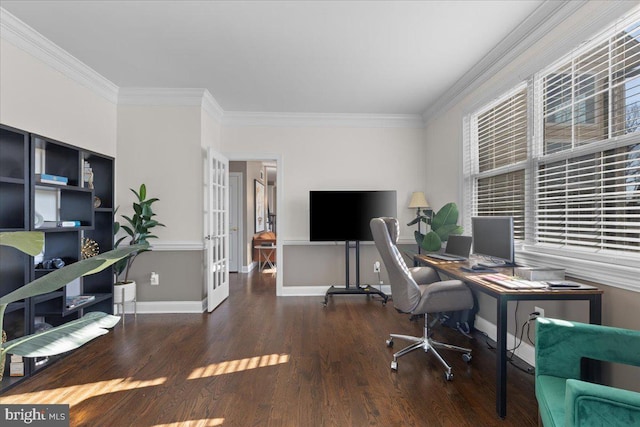 office area with ornamental molding and dark wood-type flooring