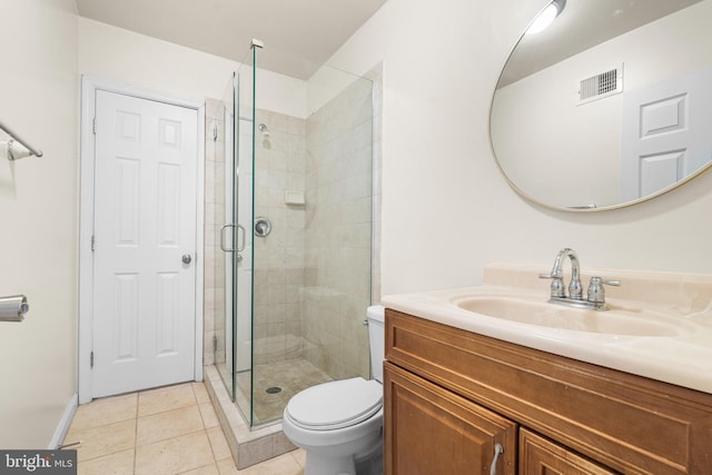 bathroom featuring tile patterned flooring, toilet, vanity, visible vents, and a shower stall