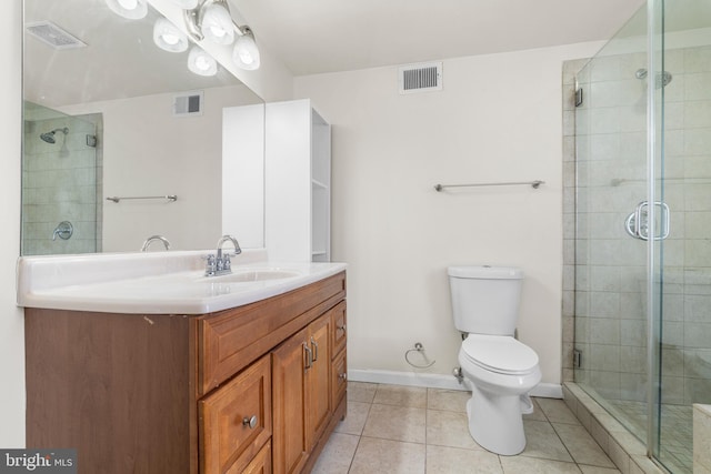 full bath with toilet, a shower stall, visible vents, and tile patterned floors