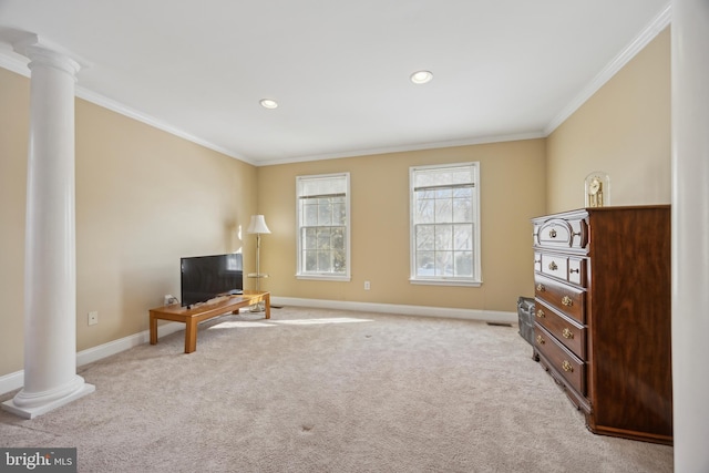 living area with light carpet, crown molding, and ornate columns