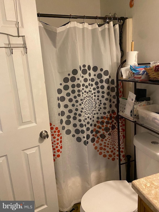 bathroom with vanity, toilet, and a shower with shower curtain