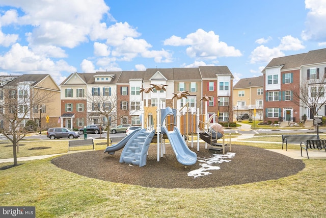 view of play area with a yard