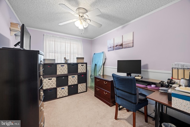 office space featuring ceiling fan, ornamental molding, light carpet, and a textured ceiling