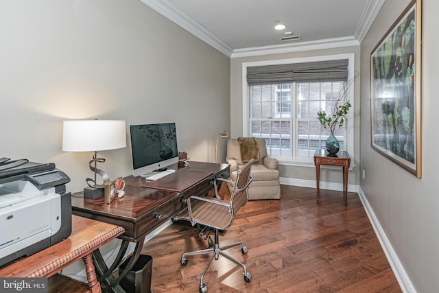 office featuring recessed lighting, baseboards, crown molding, and wood finished floors