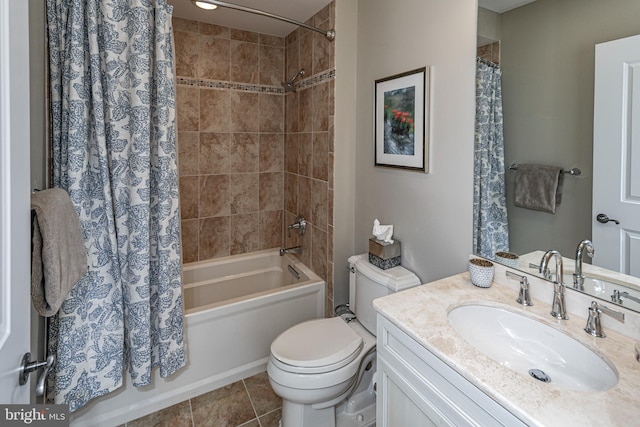 full bathroom with toilet, vanity, tile patterned flooring, and shower / bath combo with shower curtain