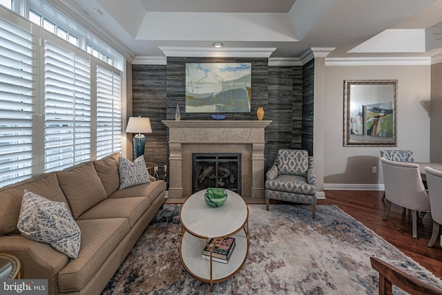 living area featuring a raised ceiling, a premium fireplace, ornamental molding, wood finished floors, and baseboards