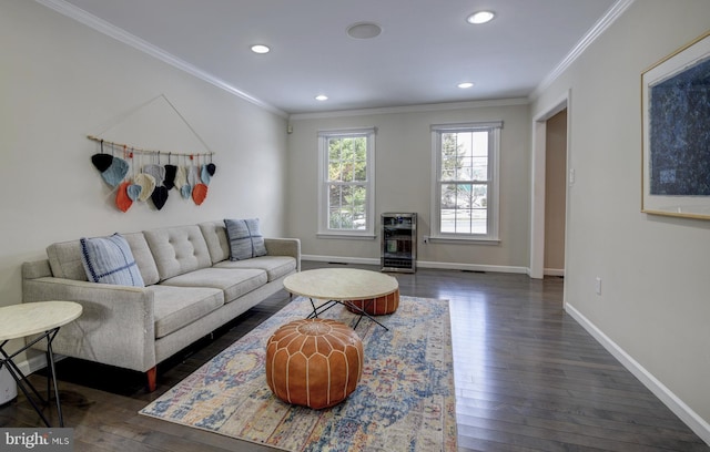 living room with ornamental molding and dark wood-type flooring