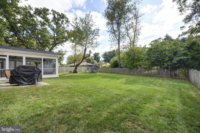 view of yard featuring a sunroom and a trampoline