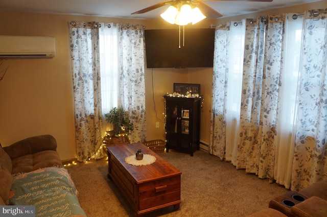 living room with ceiling fan, a wall mounted AC, and carpet floors