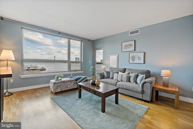 living room featuring wood finished floors, visible vents, and baseboards