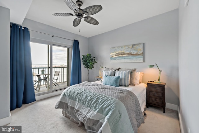 bedroom featuring access to exterior, light carpet, ceiling fan, and baseboards