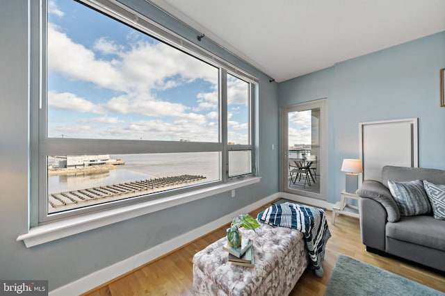 living area featuring wood finished floors and baseboards