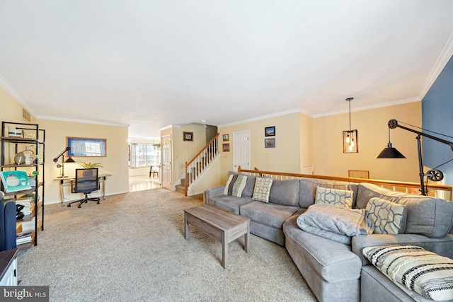 carpeted living room with ornamental molding