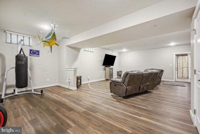 living area featuring wood finished floors and baseboards