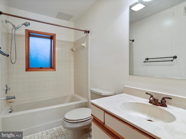 full bath with shower / bathing tub combination, vanity, and toilet