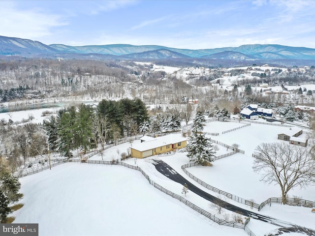 snowy aerial view with a mountain view