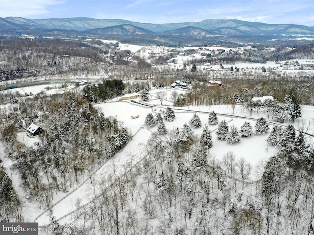 snowy aerial view with a mountain view