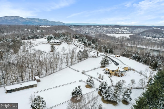 snowy aerial view featuring a mountain view