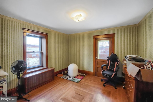 office with parquet floors and radiator heating unit