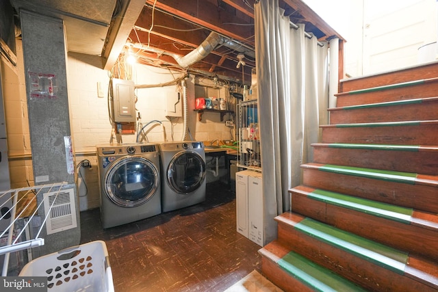 laundry area with independent washer and dryer and electric panel