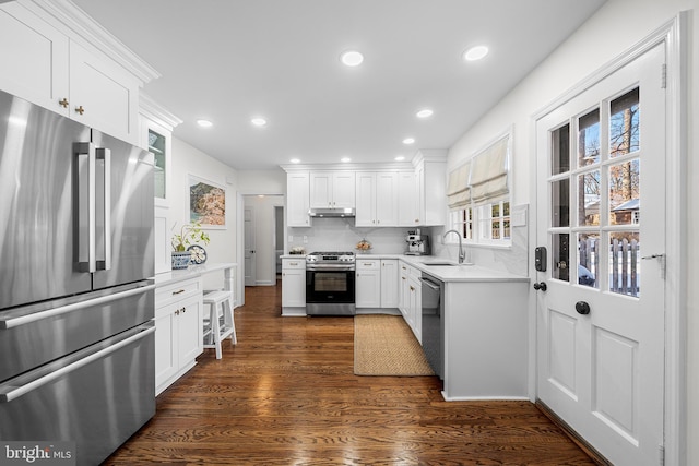 kitchen with sink, white cabinetry, appliances with stainless steel finishes, dark hardwood / wood-style flooring, and decorative backsplash