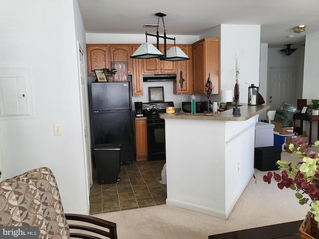 kitchen with decorative light fixtures, black appliances, electric panel, dark carpet, and kitchen peninsula