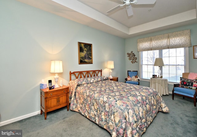 bedroom featuring ceiling fan, carpet flooring, and a raised ceiling