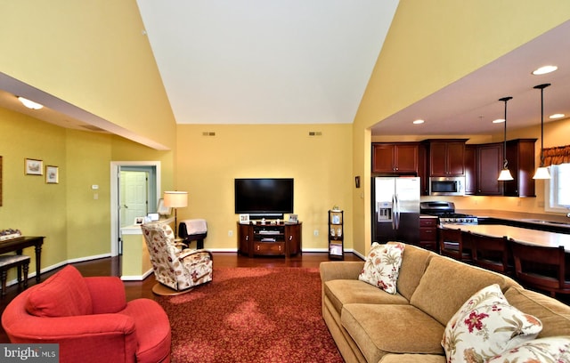 living room featuring sink, dark wood-type flooring, and high vaulted ceiling