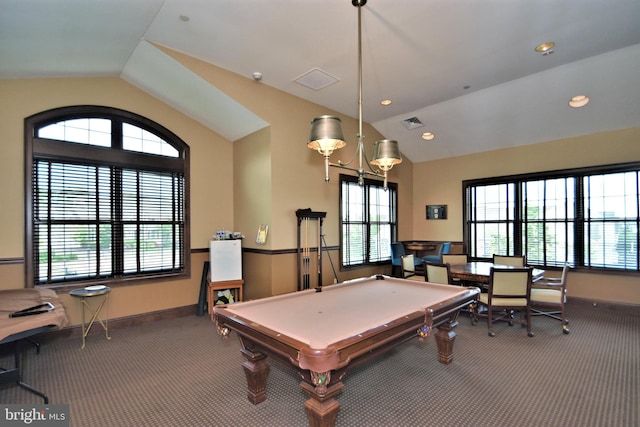 rec room featuring vaulted ceiling, carpet floors, and billiards