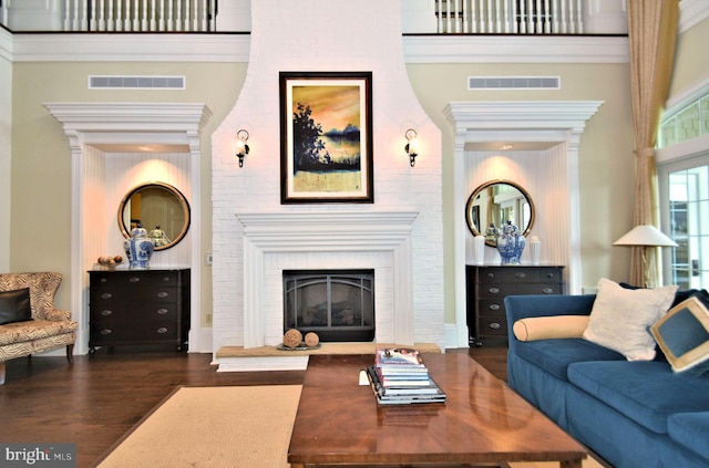 living room featuring a high ceiling and dark hardwood / wood-style floors