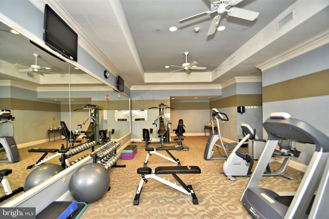 workout area with crown molding, ceiling fan, and a tray ceiling