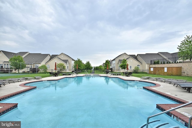 view of pool featuring a lawn