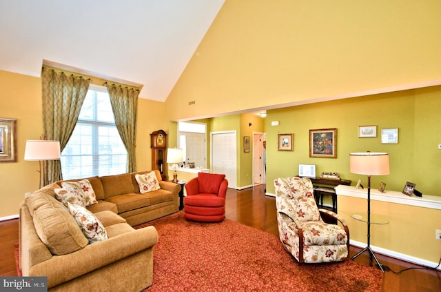 living room featuring hardwood / wood-style floors and high vaulted ceiling