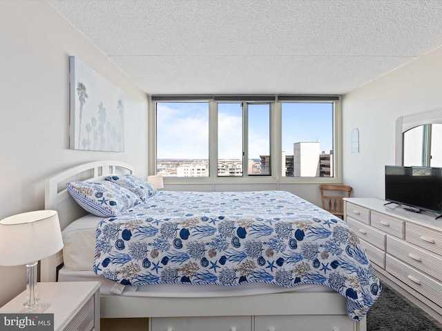 bedroom featuring multiple windows and a textured ceiling