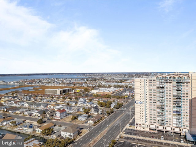 drone / aerial view with a water view