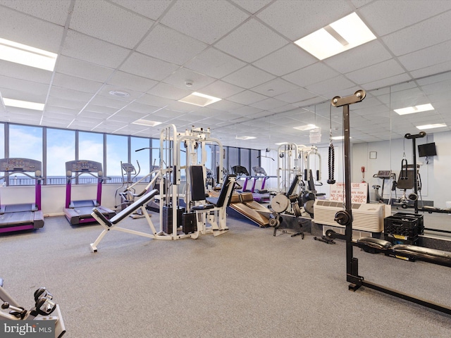 workout area featuring a drop ceiling