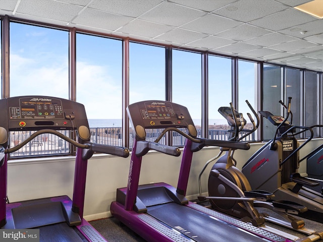 workout area with a paneled ceiling and a wealth of natural light