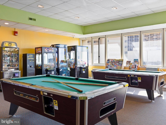 game room featuring pool table, a healthy amount of sunlight, and carpet flooring