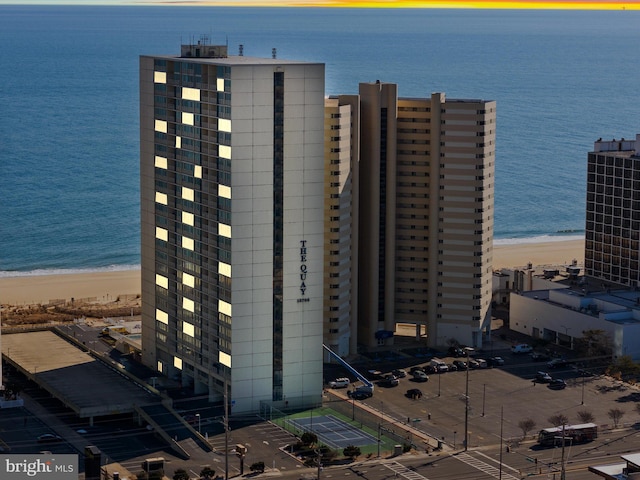 exterior space with a view of the beach and a water view