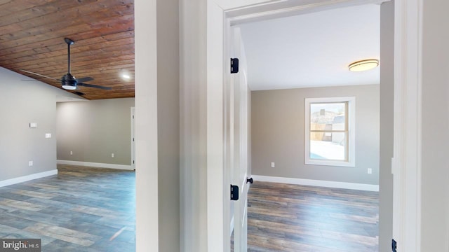 corridor featuring wood ceiling and dark wood-type flooring