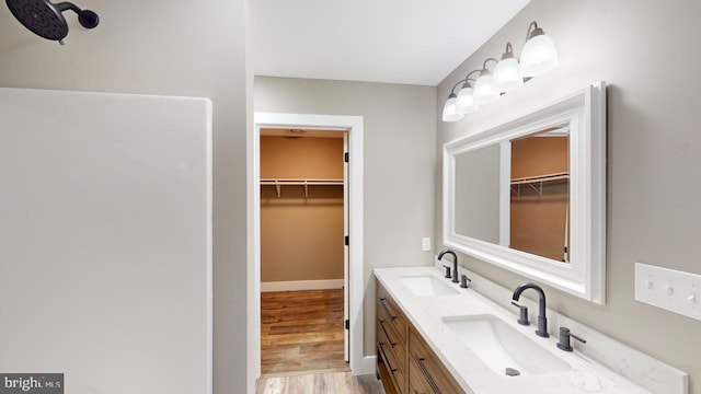 bathroom with vanity and wood-type flooring