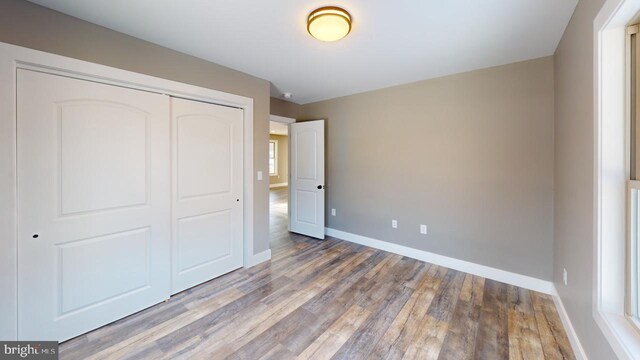 unfurnished bedroom featuring wood-type flooring and a closet