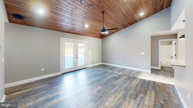 spare room with french doors, wood ceiling, high vaulted ceiling, dark hardwood / wood-style floors, and ceiling fan