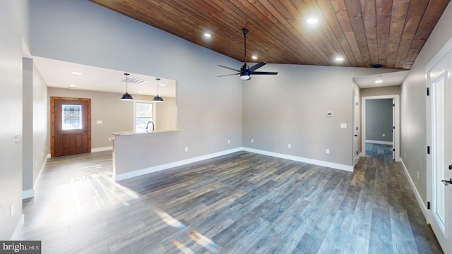 unfurnished living room with dark hardwood / wood-style floors, high vaulted ceiling, sink, ceiling fan, and wooden ceiling