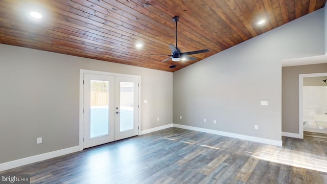 empty room with french doors, lofted ceiling, wooden ceiling, dark hardwood / wood-style floors, and ceiling fan